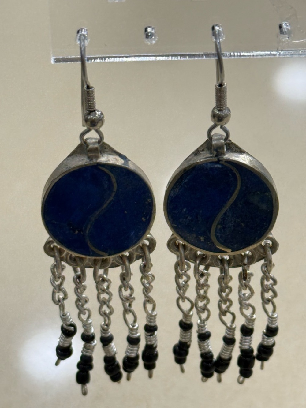 Handmade Blue Stone Dangle Earrings with Silver Chains